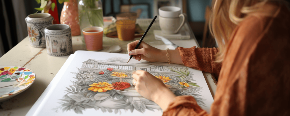 adult woman coloring flowers coloring book page at kitchen table