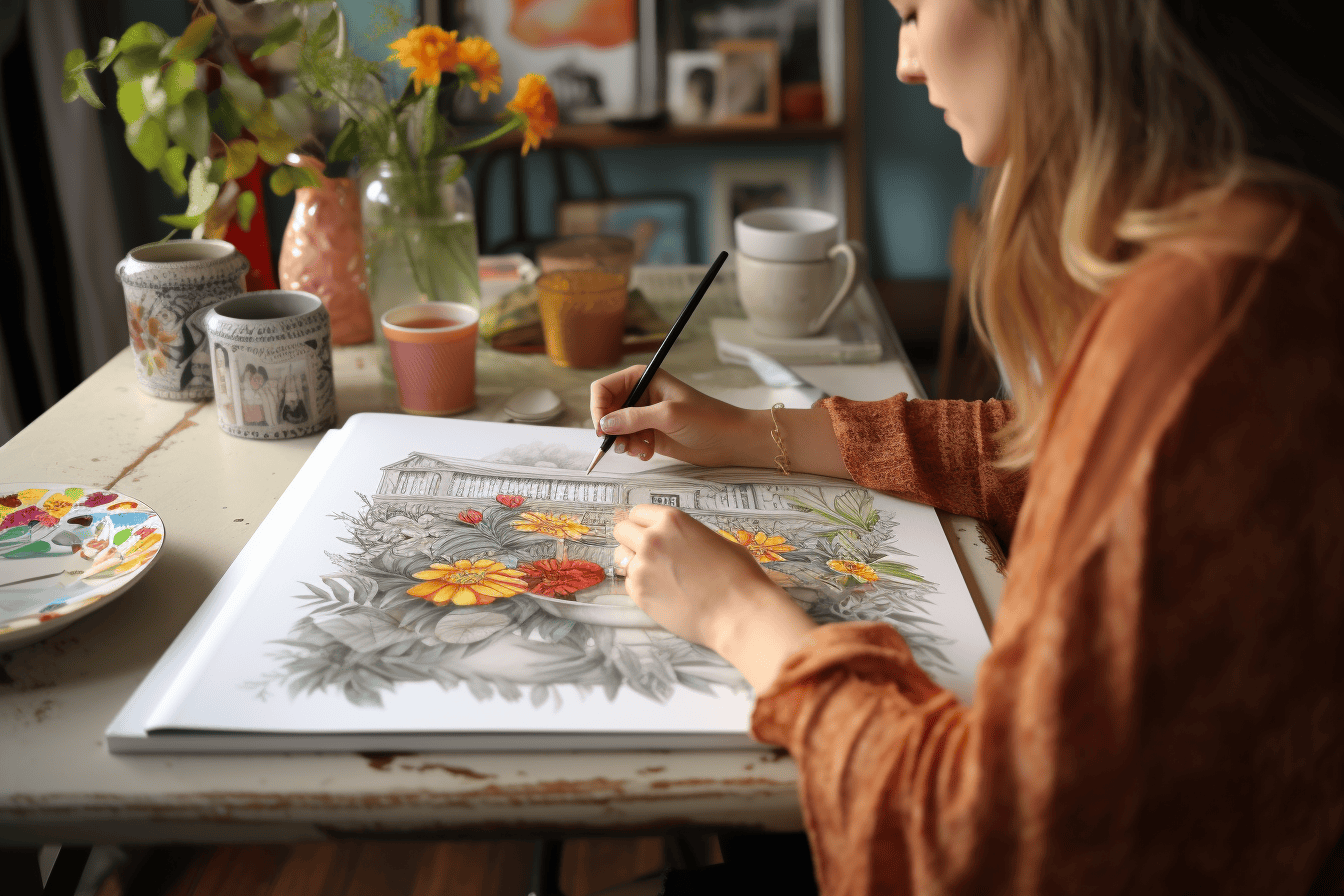 adult woman coloring flowers coloring book page at kitchen table