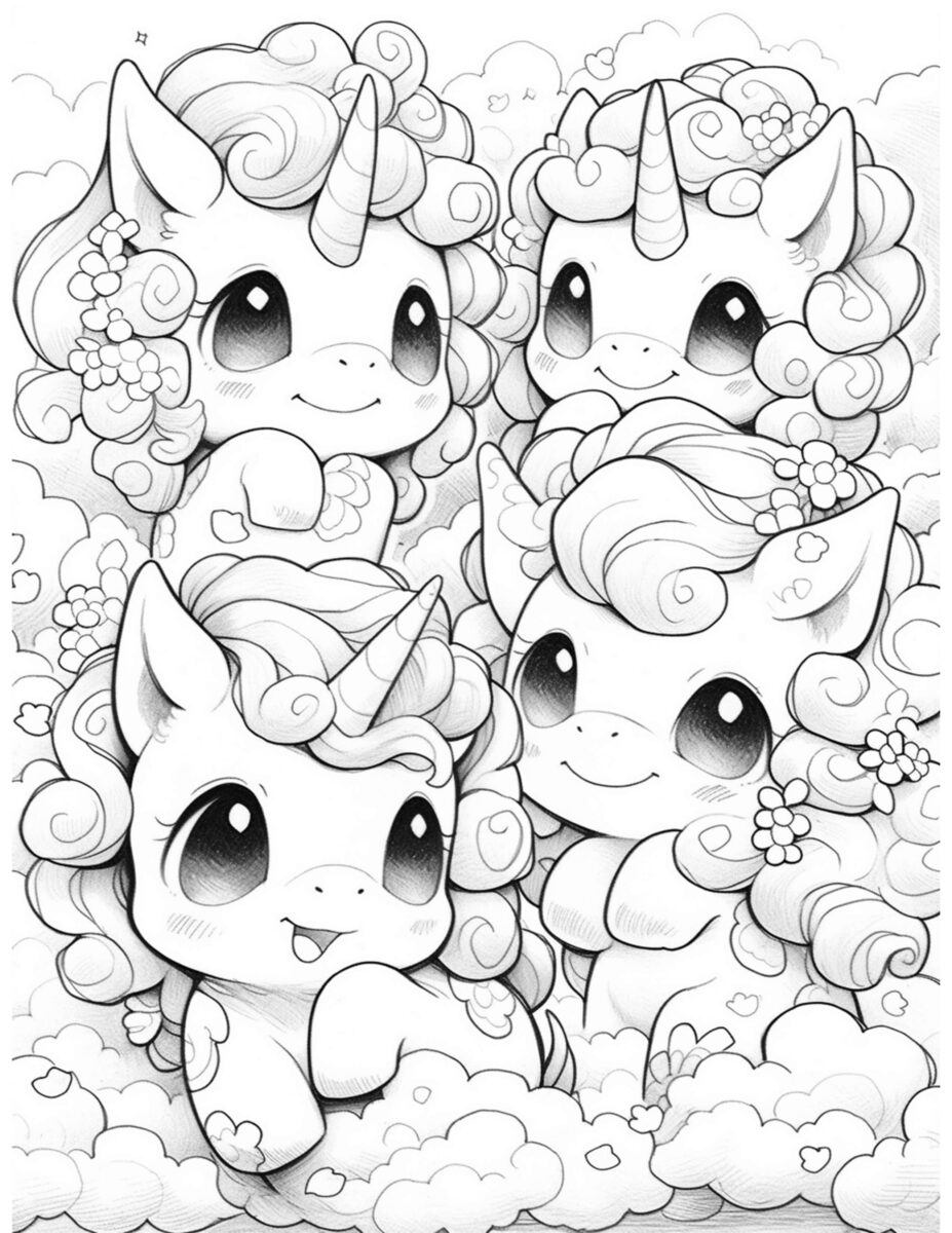 coloring page of cute unicorns